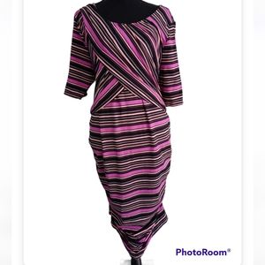 Liz Lange Maternity Black Pink Multi Stripe BodyCon Scoop Neck Rouche Side Dress